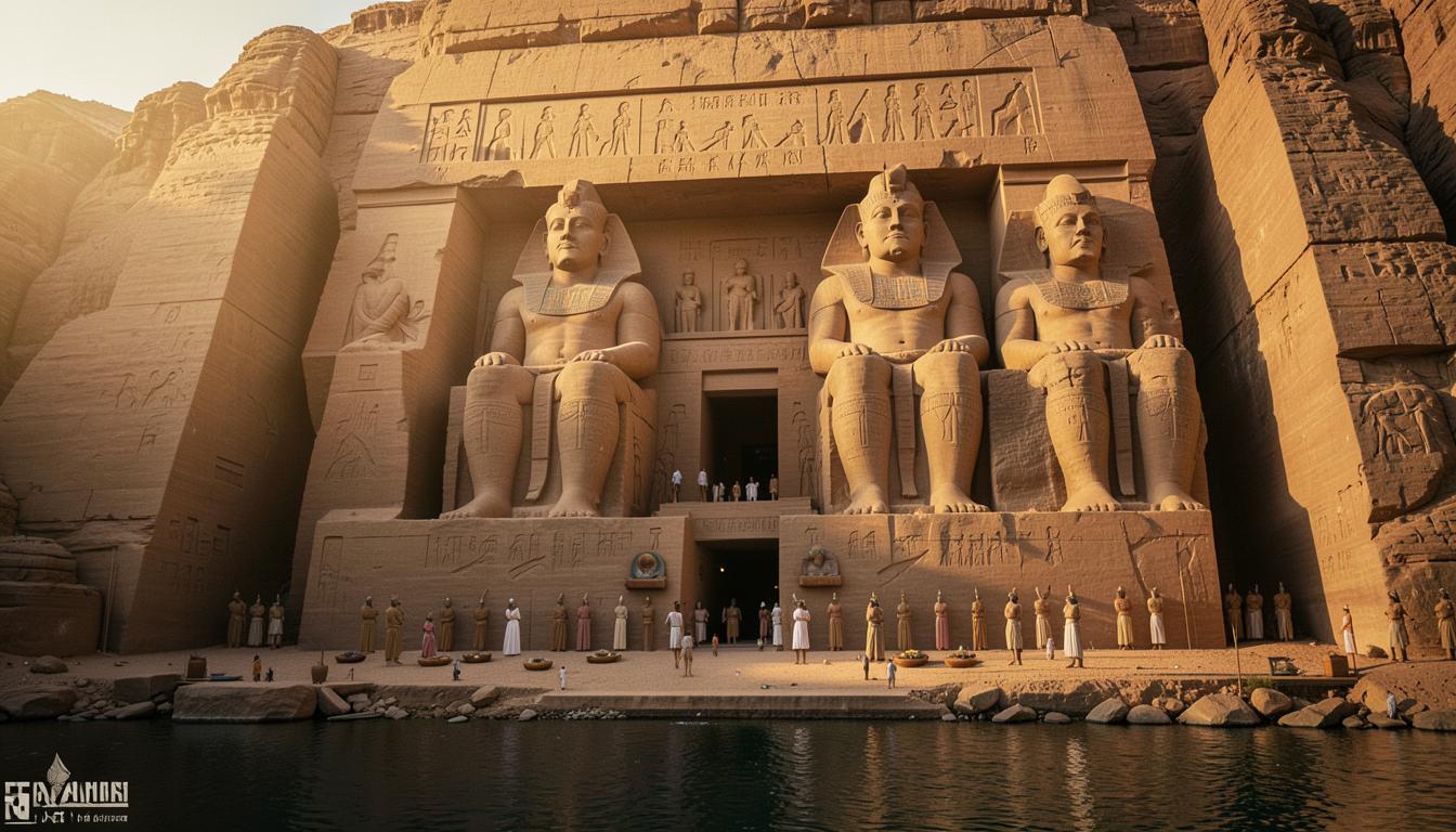 Les colosses d'Abou Simbel fraîchement taillés dans la falaise au-dessus du Nil, offrandes au pied.