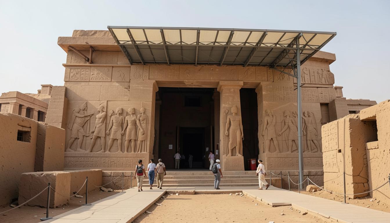 Abydos aujourd'hui : reliefs conservés du temple de Séthi Ier, toiture de protection et cheminement moderne.
