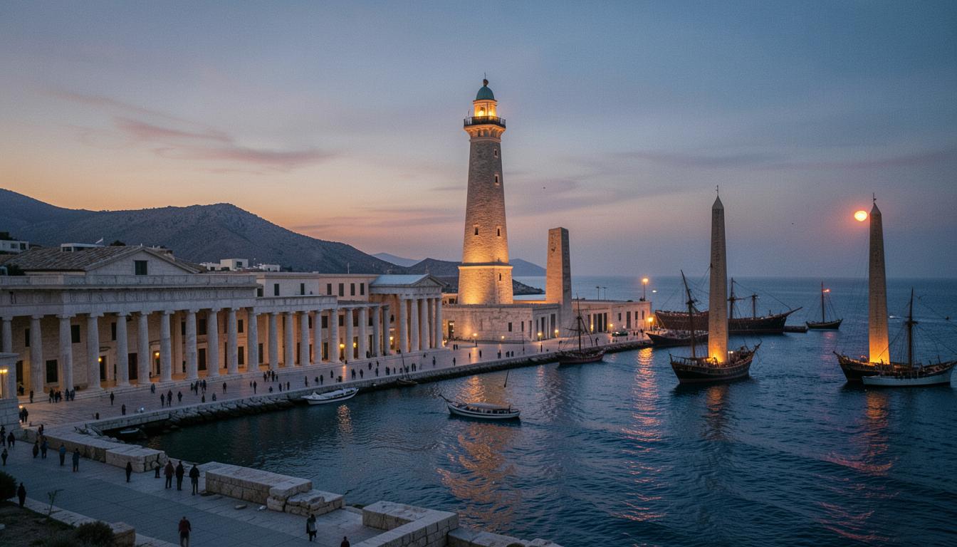 Alexandrie ptolémaïque : le phare dominant le port au crépuscule, colonnades grecques et obélisques.