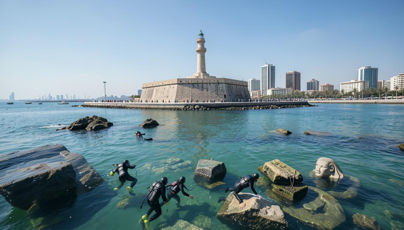 Alexandrie aujourd'hui : fort et corniche modernes, plongeurs au-dessus de blocs de granit immergés.