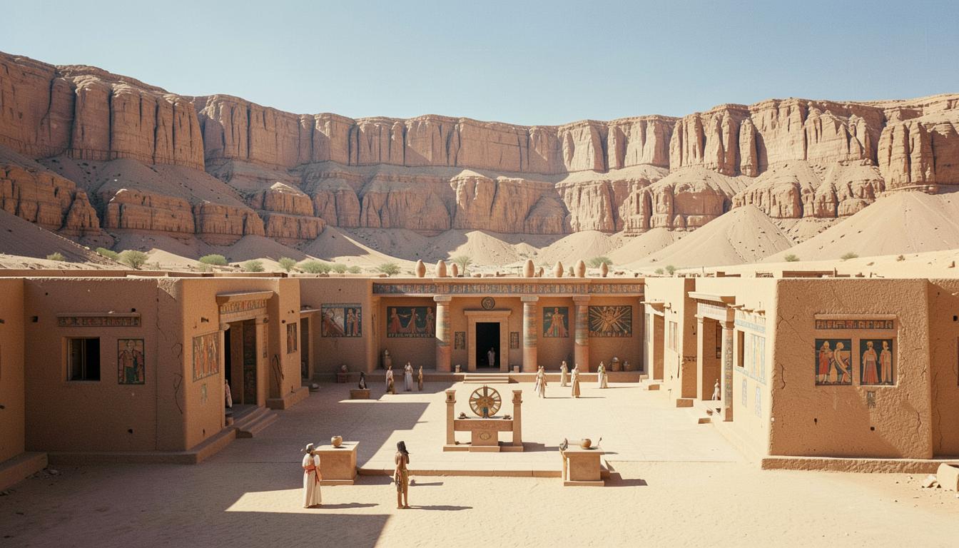 Akhetaton en activité : cours ouvertes au soleil, maisons de brique peintes, autels sous le disque d'Aton.