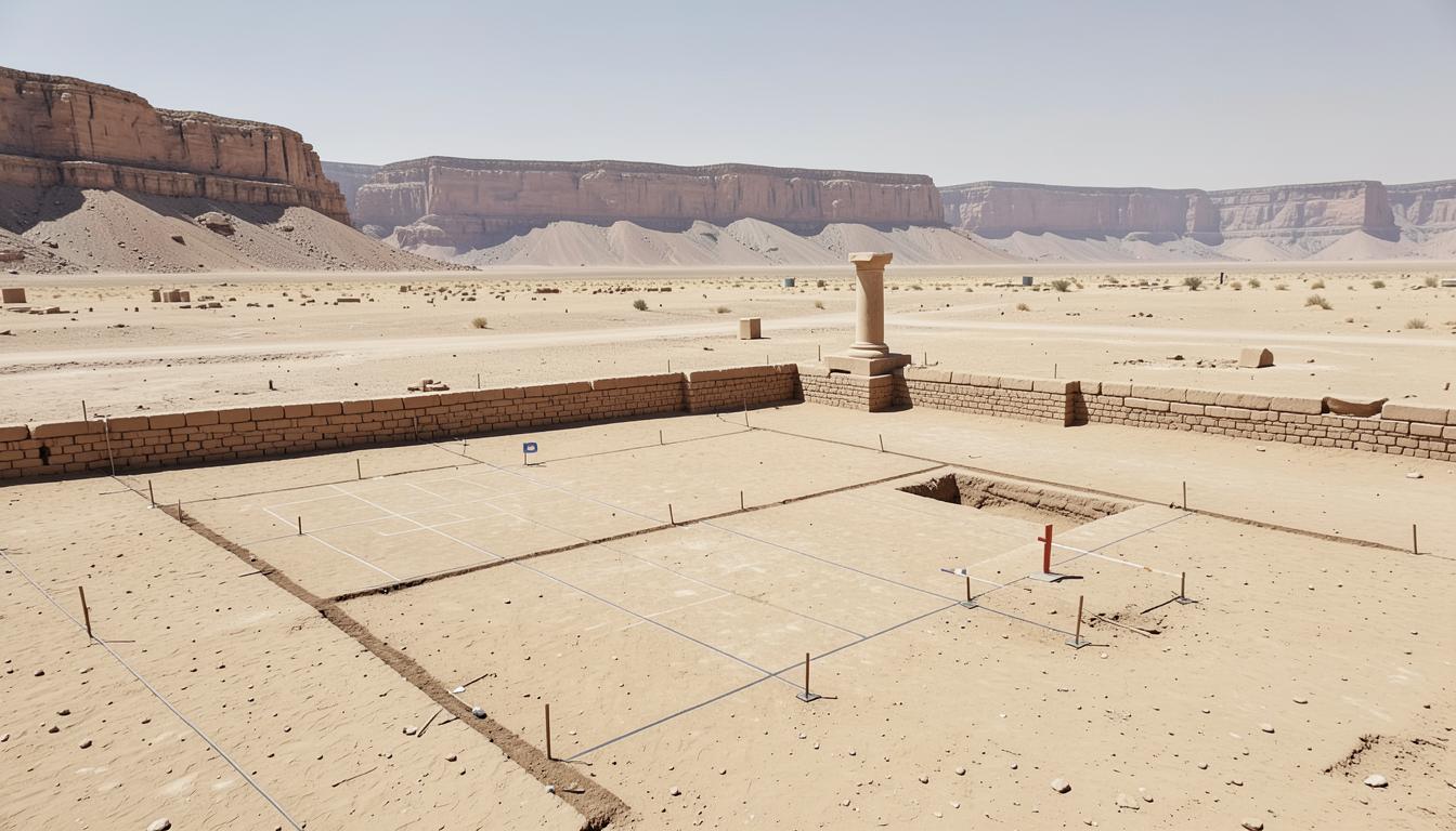 Amarna aujourd'hui : arases de briques crues dans le désert plat, carroyage de fouille et jalons.