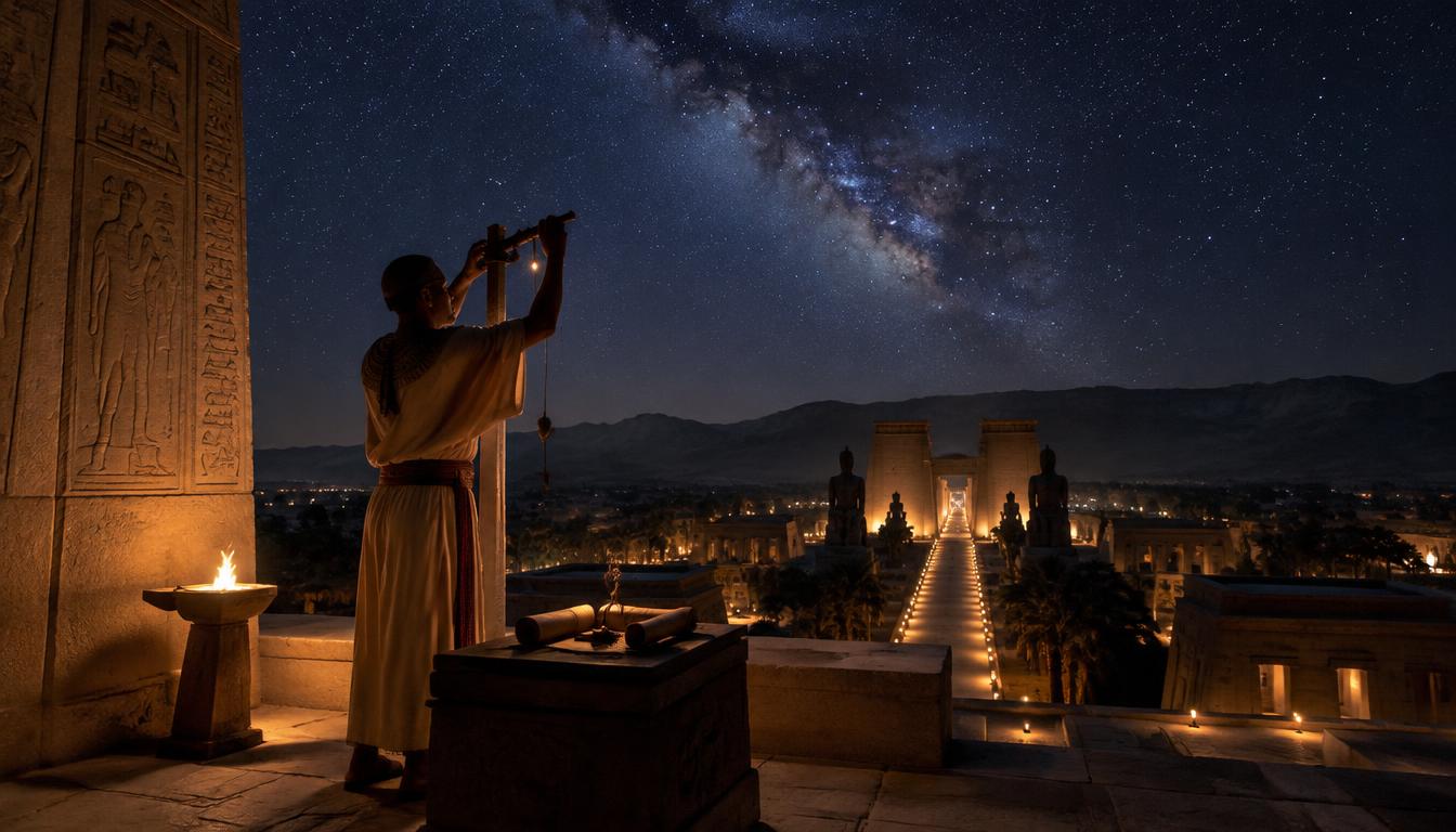 Observation nocturne depuis une terrasse de temple : fil à plomb et visée, Voie lactée au-dessus de l'axe monumental.
