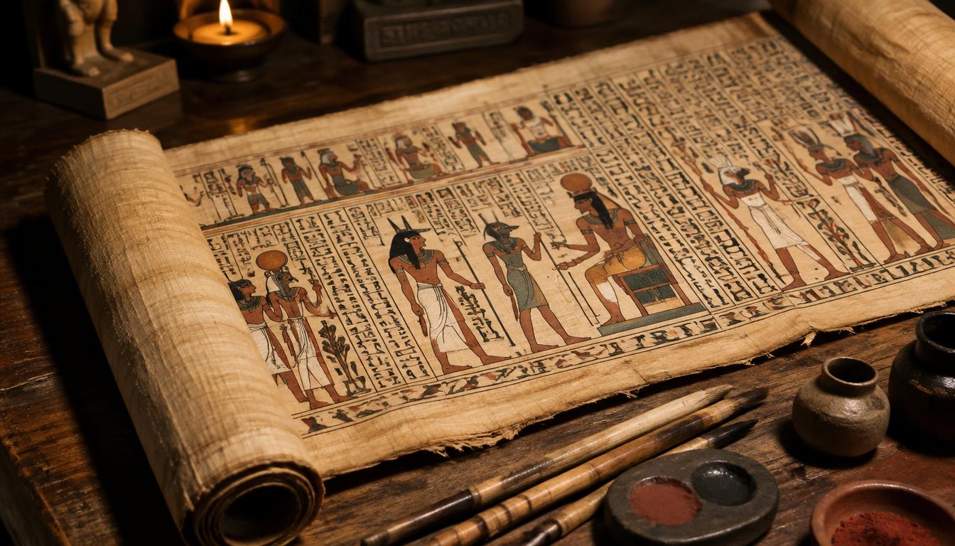 Papyrus funéraire déroulé sur une table de bois, vignettes peintes et colonnes d'écriture, pinceaux et pigments.