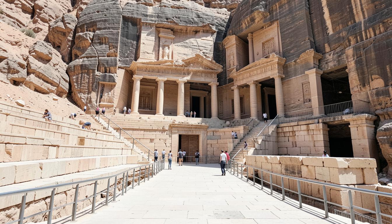 Deir el-Bahari aujourd'hui : terrasses restaurées en pierre nue, rampes et garde-corps modernes.