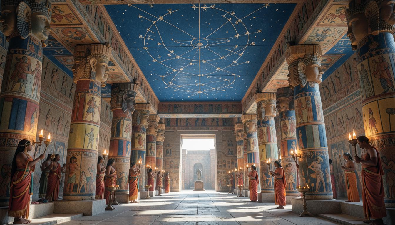 Dendérah : salle aux colonnes hathoriques peintes, plafond astronomique bleu, lampes à huile.