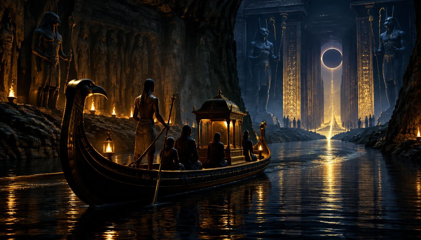 Barque funéraire glissant sur un fleuve souterrain vers des portes gardées, lumière d'or dans l'obscurité.