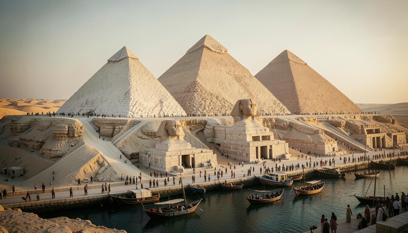 Le plateau de Gizeh en activité : pyramides au parement clair, temples, port et bateaux au soleil couchant.