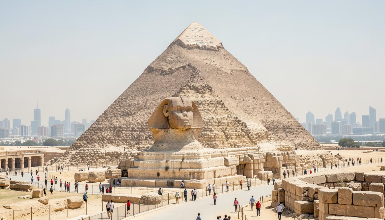 Gizeh aujourd'hui : blocs érodés, allées et barrières, visiteurs, ville du Caire dans la brume.