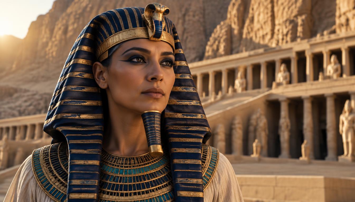 Hatchepsout en pharaon, némès et barbe postiche, devant Deir el-Bahari à l'aube.