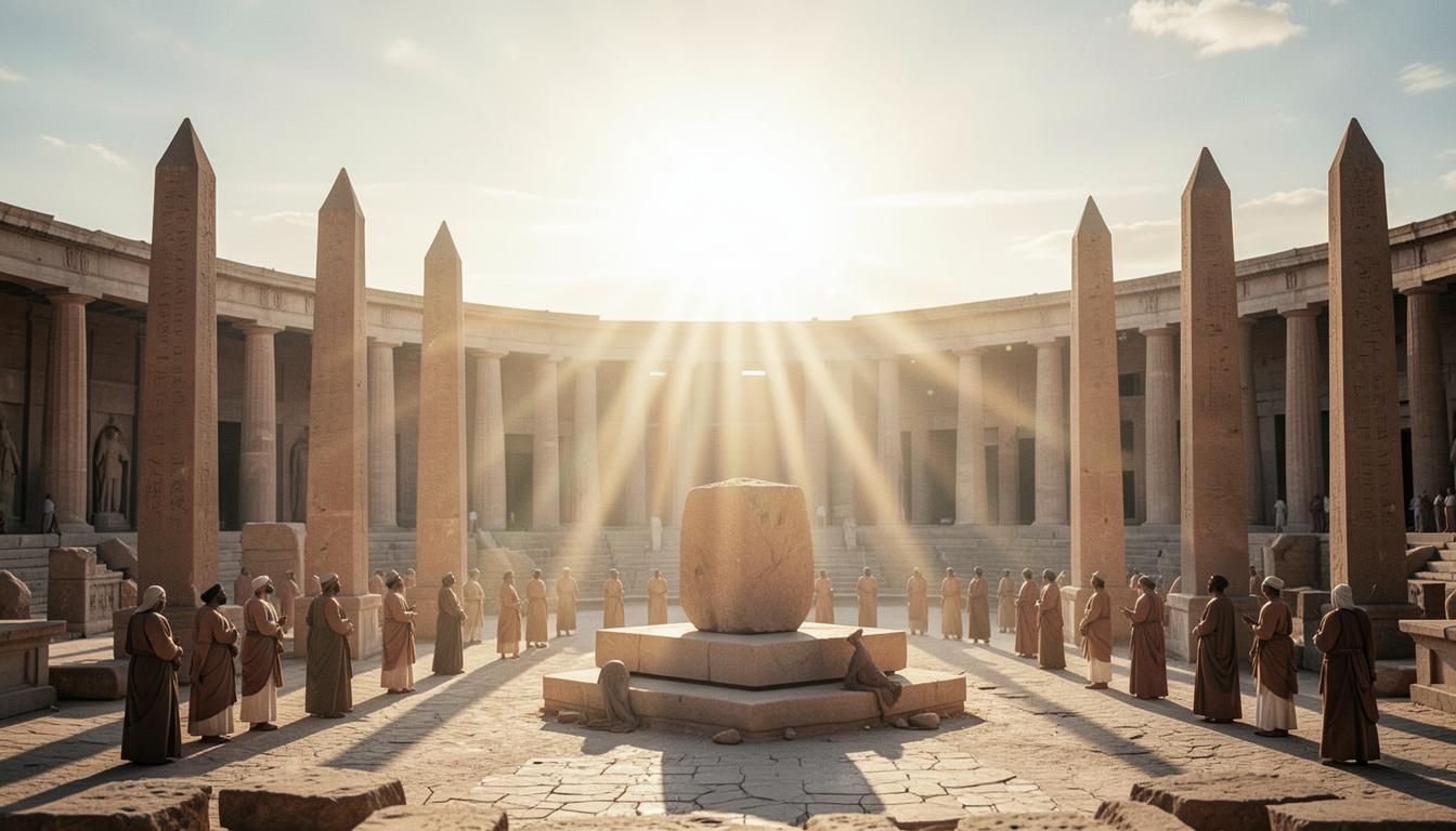 Héliopolis : enceinte solaire aux obélisques alignés, prêtres observant le lever du soleil.