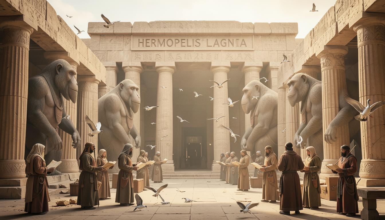 Hermopolis : temple de Thot aux colosses de babouins, scribes au papyrus, ibis en vol.