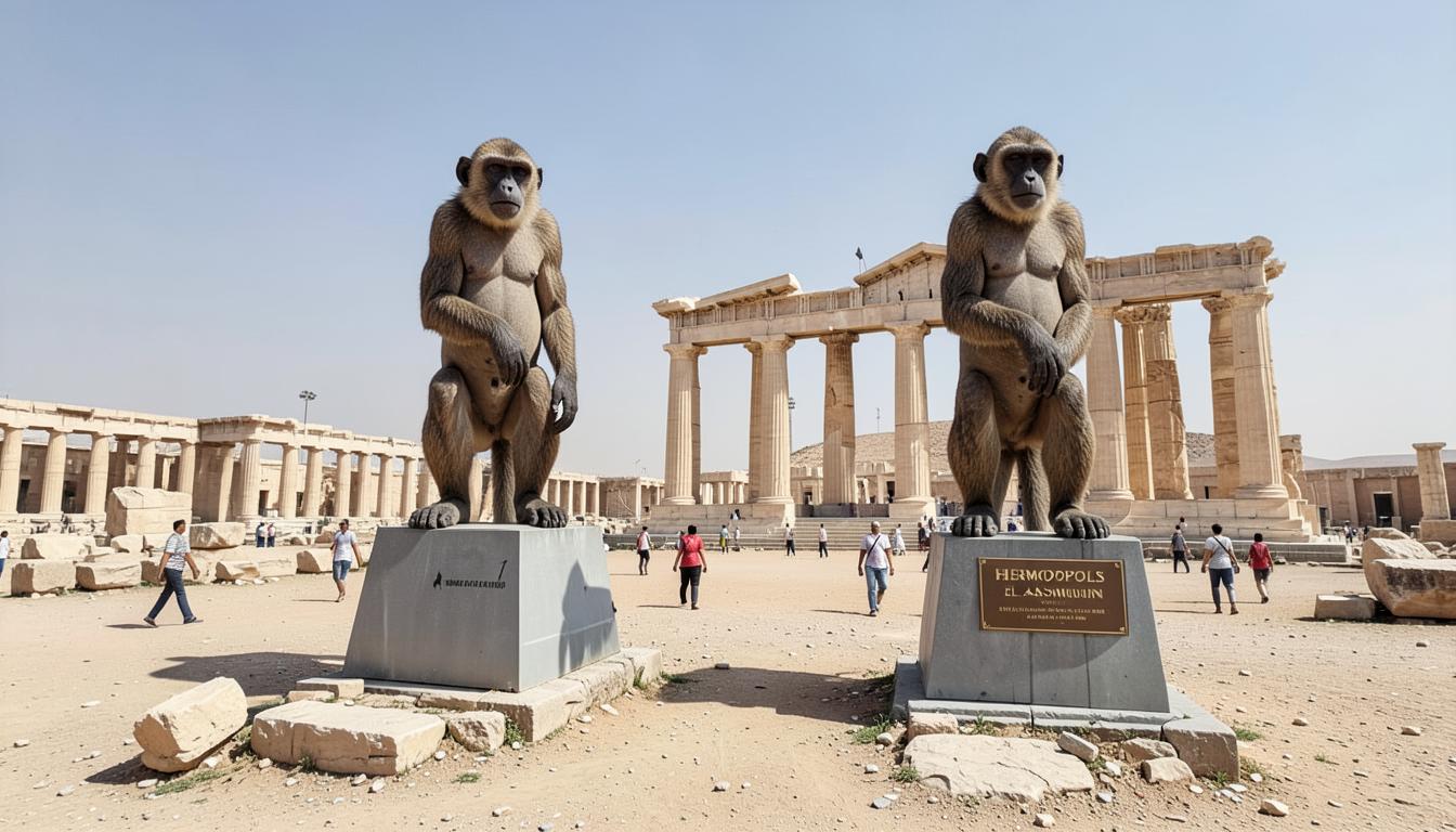 El-Ashmounein aujourd'hui : babouins colossaux érodés sur socles modernes, colonnes ruinées et panneaux.