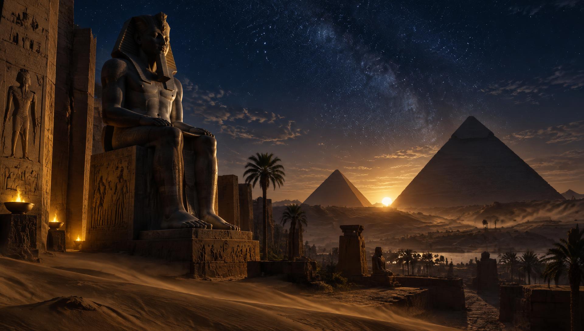 Silhouettes monumentales de l'Égypte ancienne sous un ciel nocturne, sable et lumière dorée