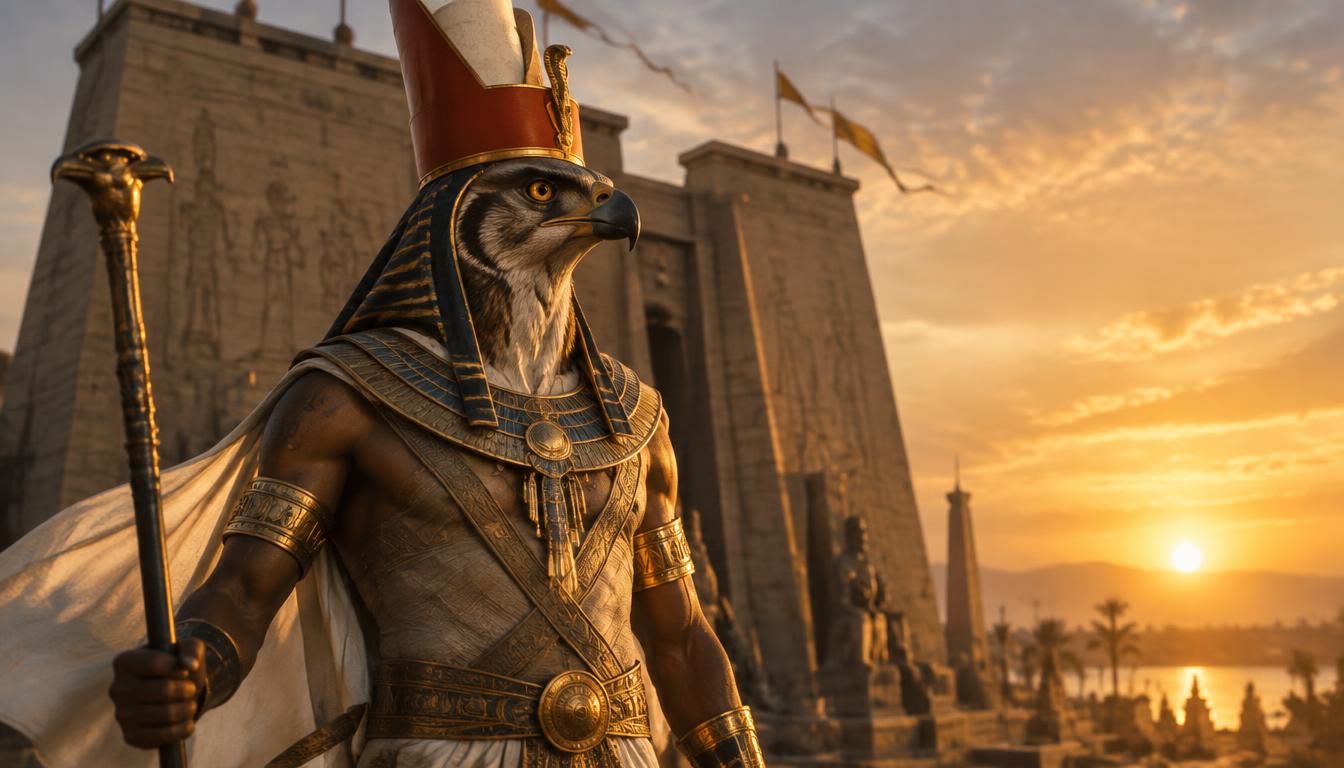 Horus à tête de faucon, double couronne, devant le pylône d'un temple au couchant.