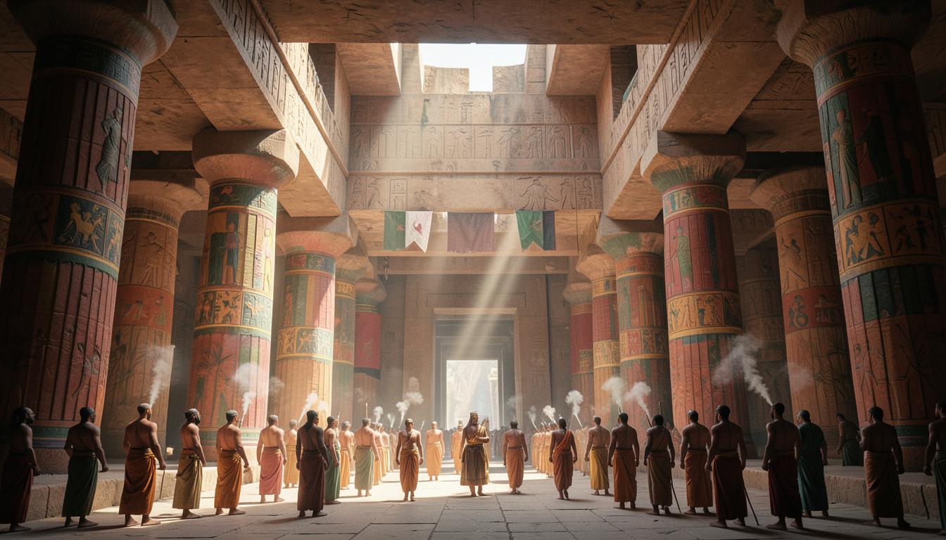Salle hypostyle de Karnak aux colonnes peintes, prêtres en procession dans la lumière.