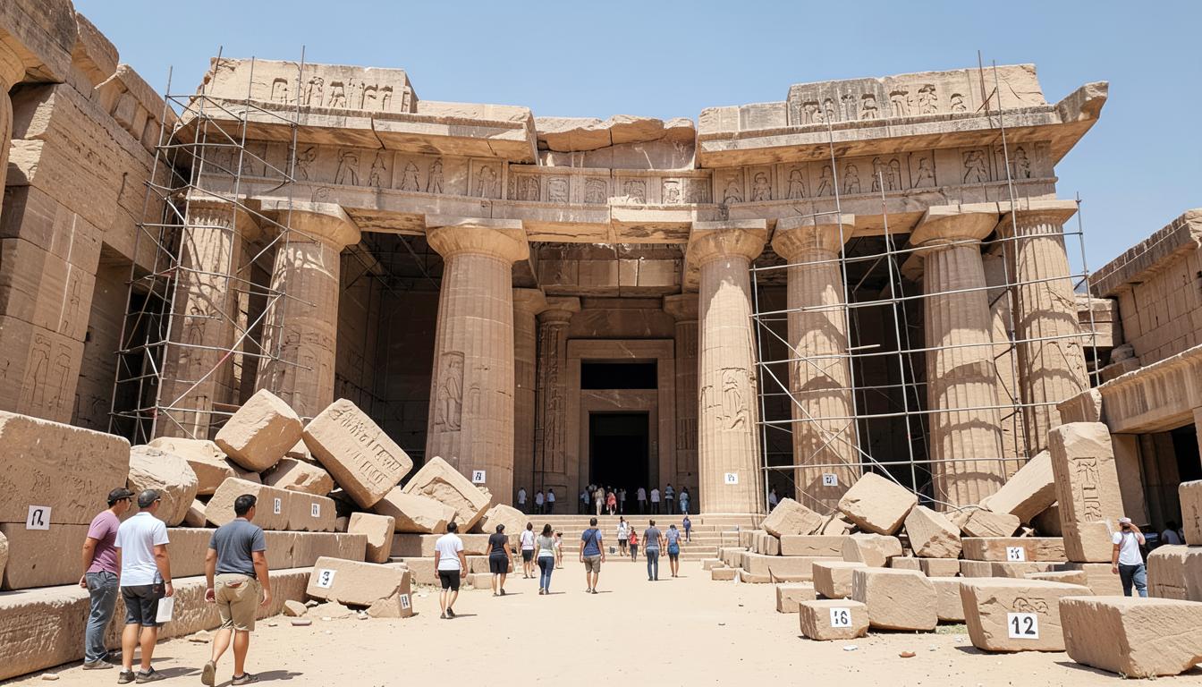 Karnak aujourd'hui : colonnes de grès nues, blocs numérotés au sol, échafaudages de restauration.