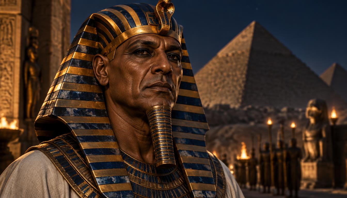 Khéops coiffé du némès, devant le plateau de Gizeh la nuit.