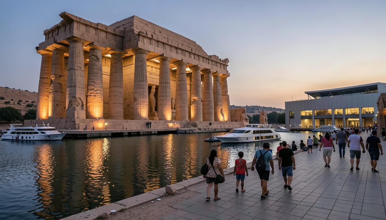 Kôm Ombo aujourd'hui : colonnes érodées éclairées au bord du Nil, bateaux de croisière et musée moderne.