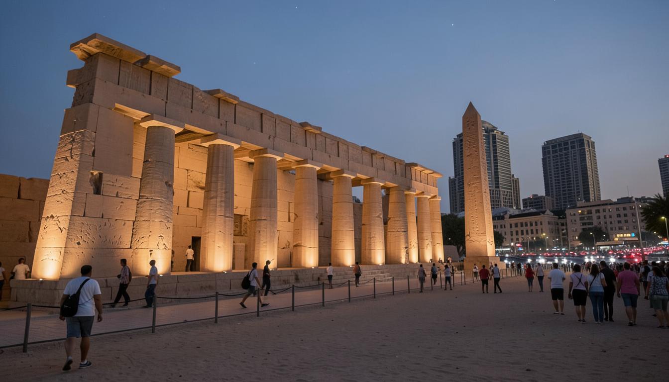 Louxor aujourd'hui : colonnades éclairées la nuit, obélisque restant, ville moderne autour.