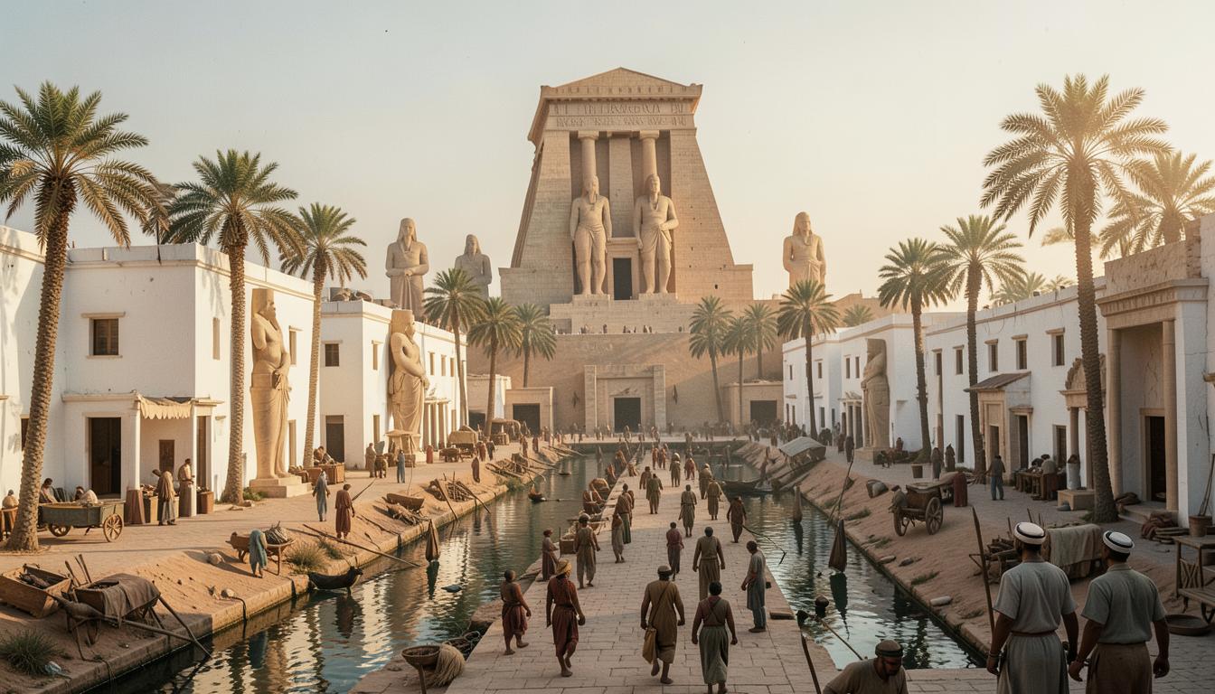 Memphis en activité : temple de Ptah, colosses, canaux et rues animées sous la lumière du soir.