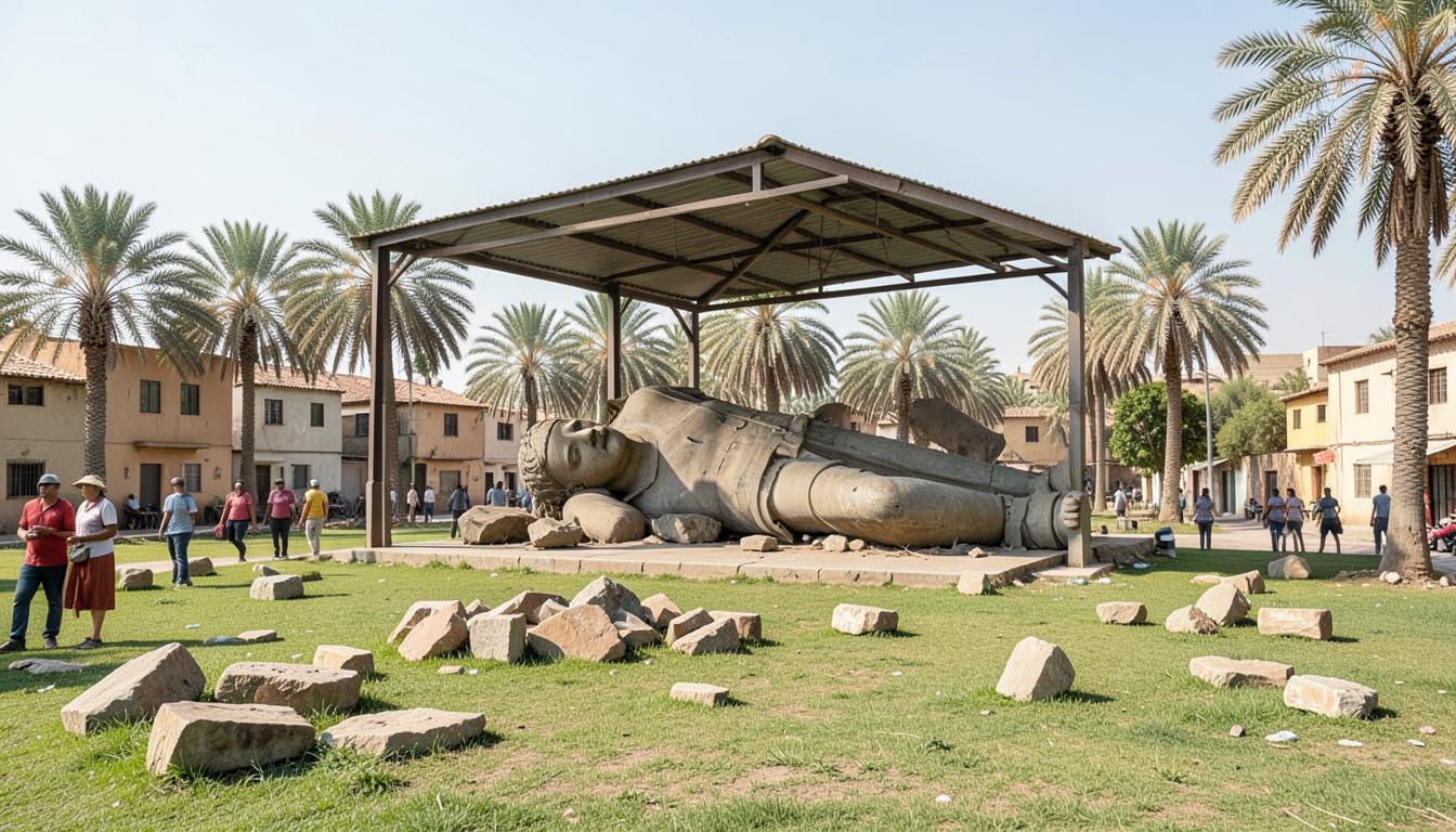 Memphis aujourd'hui : colosse couché sous un abri, blocs épars dans un champ planté de palmiers.
