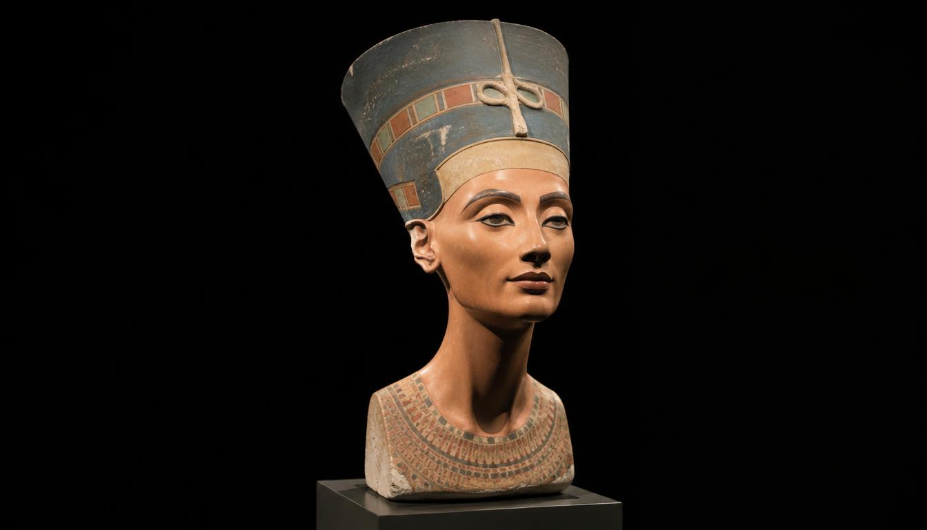 Buste peint d'une reine à haute couronne plate, sur fond noir, éclairage de musée.