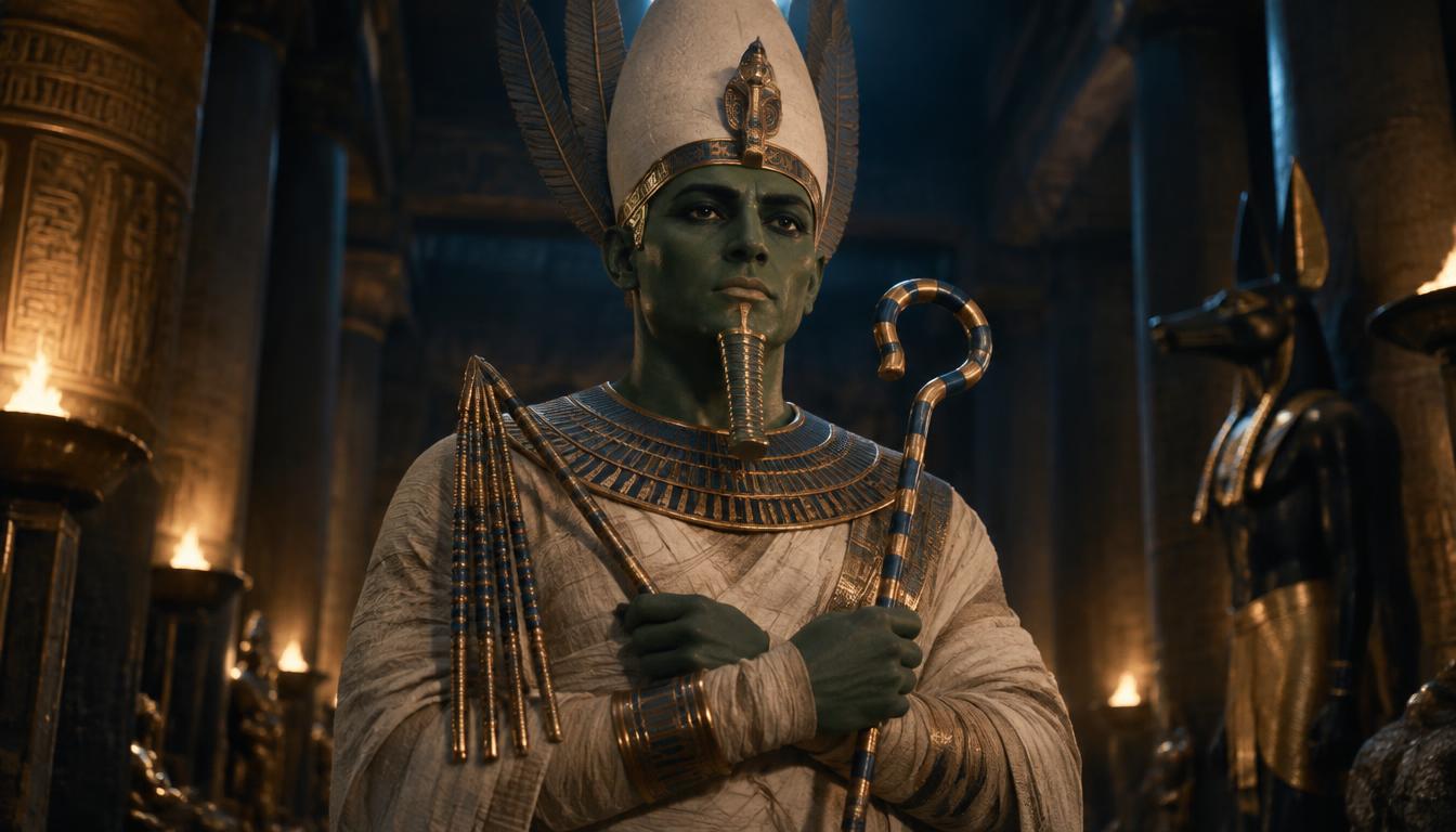 Osiris à la peau verte, couronne atef, sceptre et fléau, dans une salle éclairée aux torches.