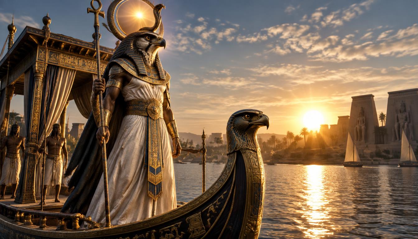 Rê à tête de faucon sur la barque solaire, disque d'or au-dessus du Nil à l'aube.
