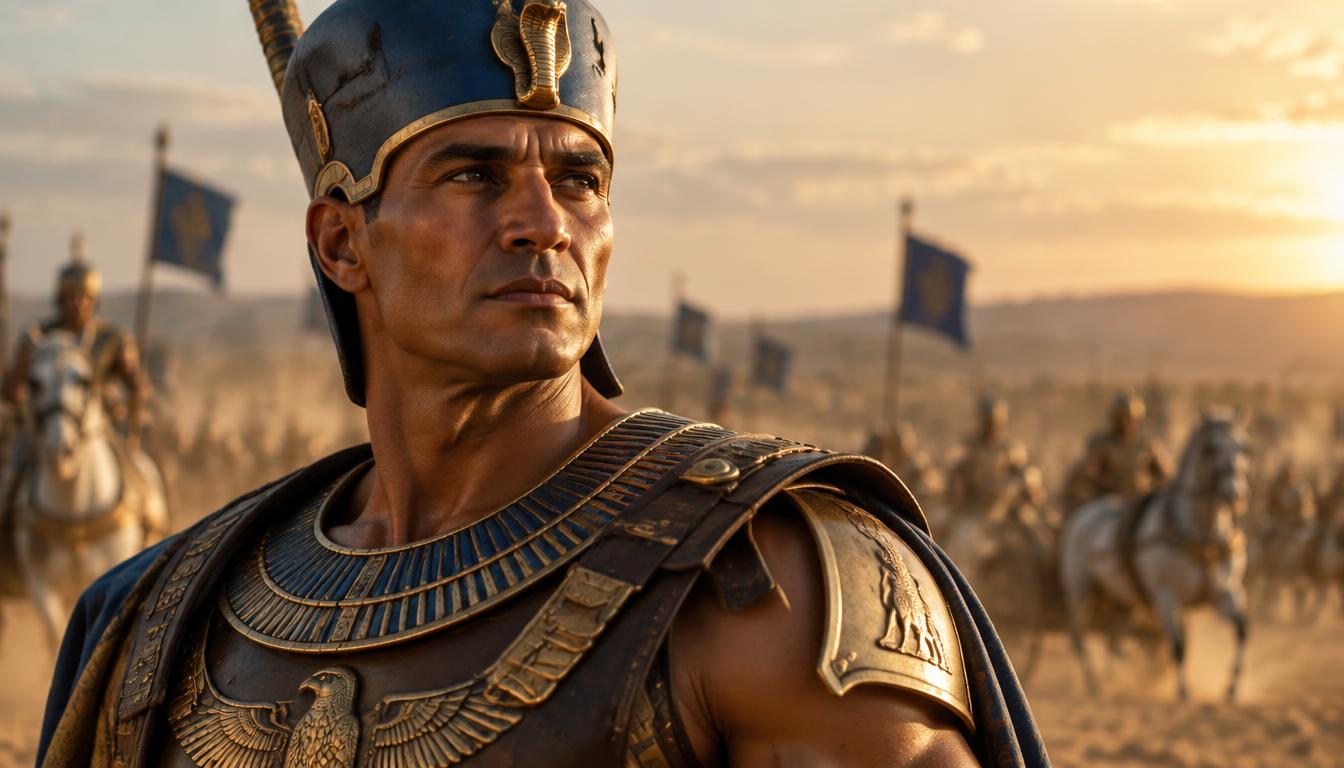 Ramsès II coiffé de la couronne bleue de guerre, plaine de bataille poussiéreuse derrière lui.