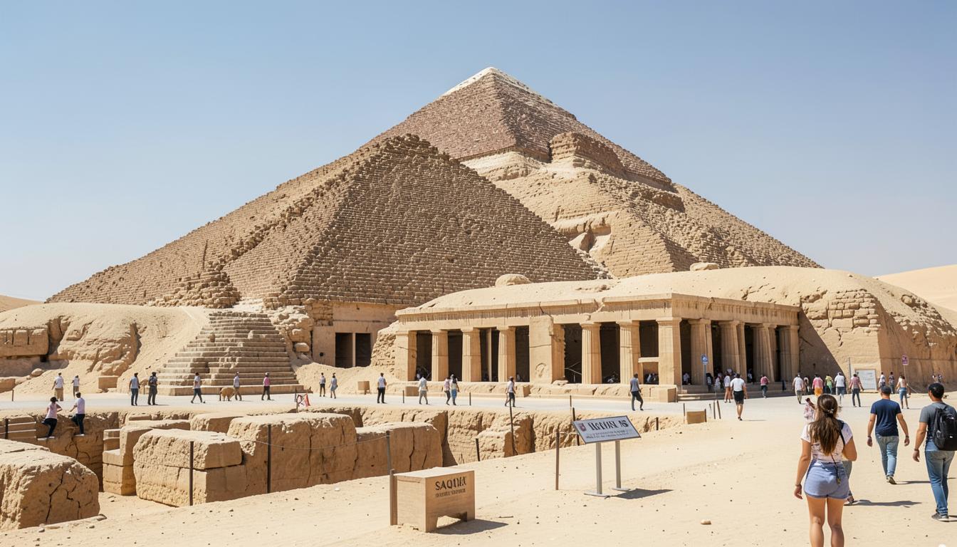 Saqqarah aujourd'hui : pyramide érodée après restauration, colonnade partiellement remontée, sable et panneaux.