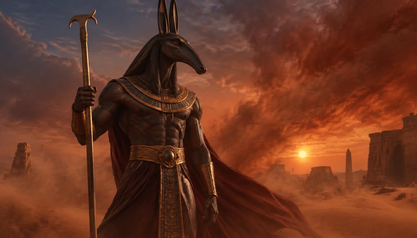 Seth à la tête d'animal séthien, sceptre en main, dans une tempête de sable rouge.