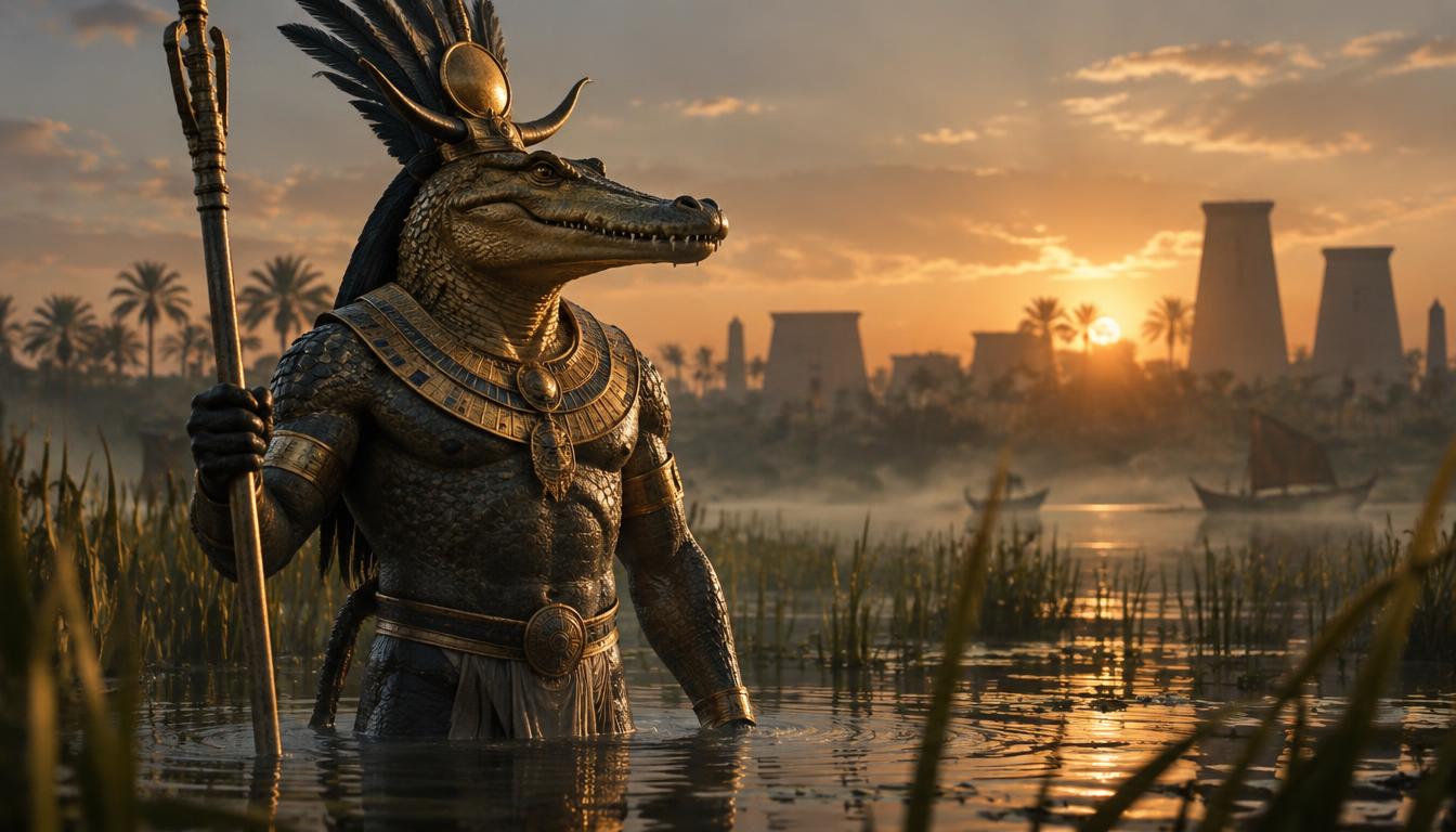 Sobek à tête de crocodile dans les roseaux du Nil au lever du jour.