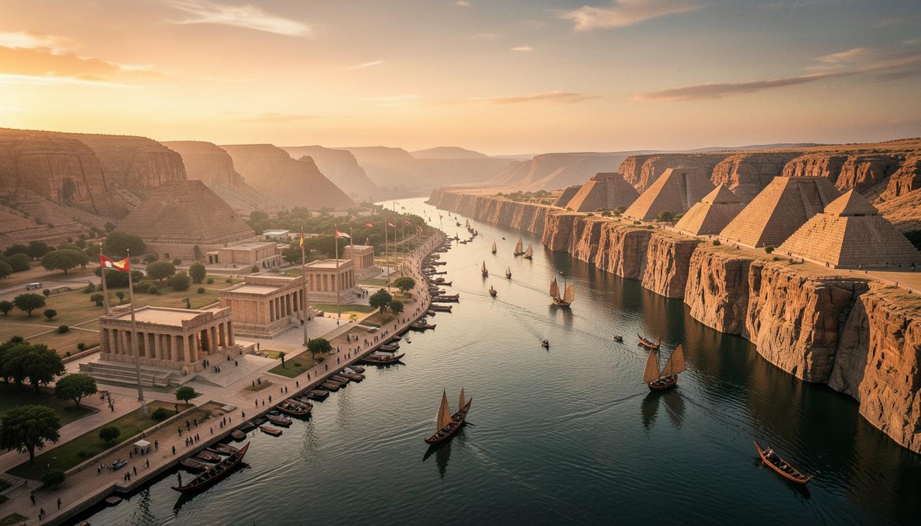 Thèbes au Nouvel Empire : temples sur la rive est, nécropole à l'ouest, bateaux traversant le Nil.