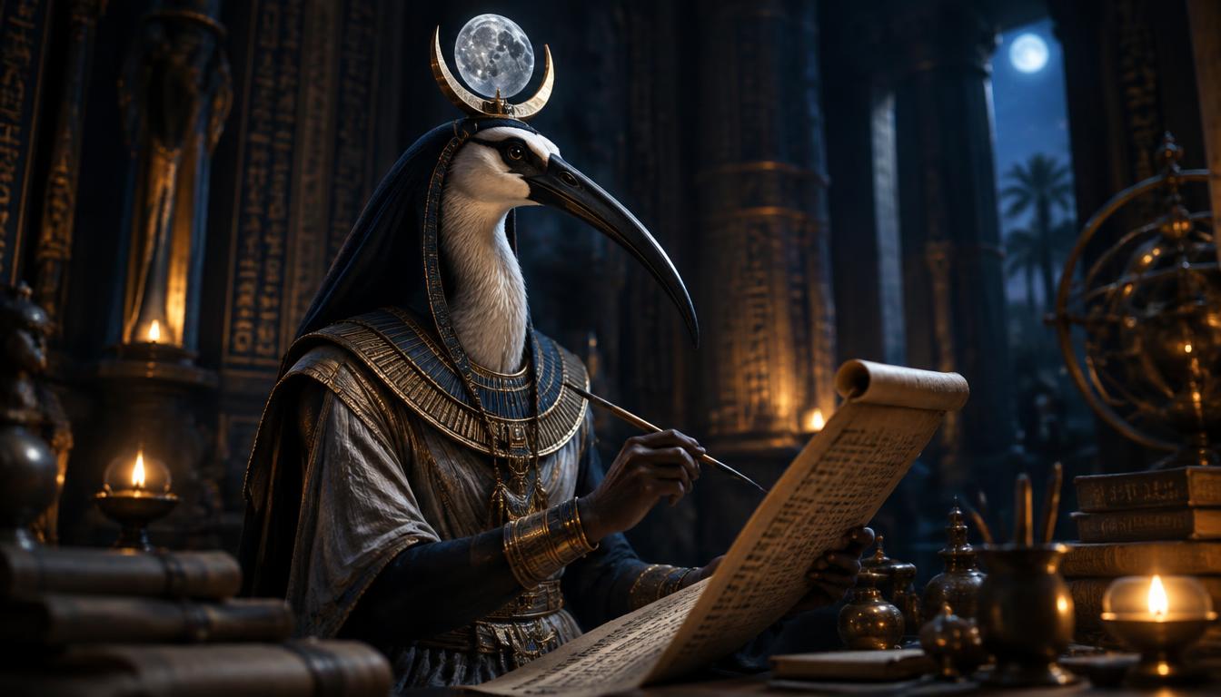Thot à tête d'ibis écrivant sur un papyrus, disque lunaire au-dessus de lui.