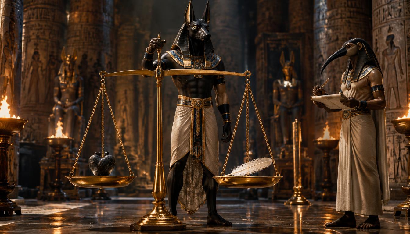 Balance d'or : le cœur d'un côté, la plume de Maât de l'autre ; Anubis tient le fléau, Thot note le résultat.